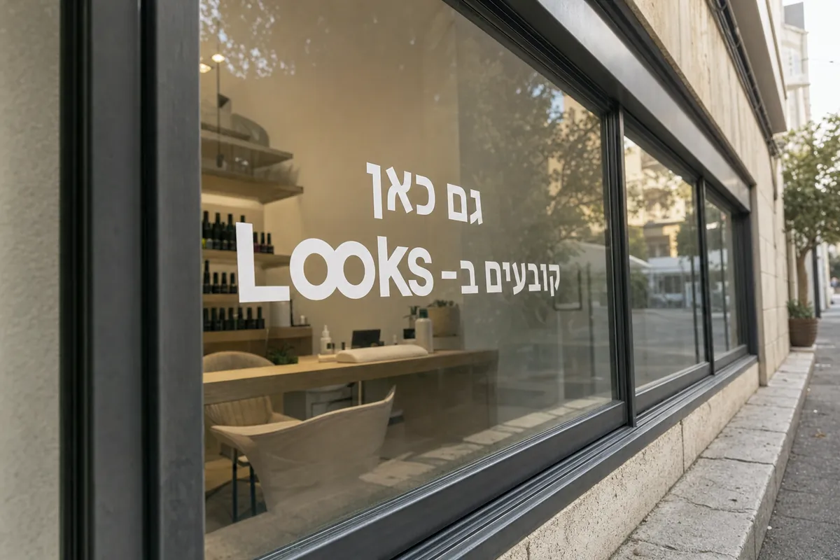 The window of a nail studio at the end of the day, seen close and at an angle, cut vinyl letters on the glass reading "here too you book with Looks", one work station and a wall of polish lit behind them.